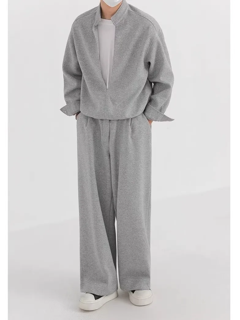 

Casual Sportswear Set for Men Long Sve Hoodie And Wide Leg Pants Stand Collar Trendy Loose Fit Whole Set Autumn Wear