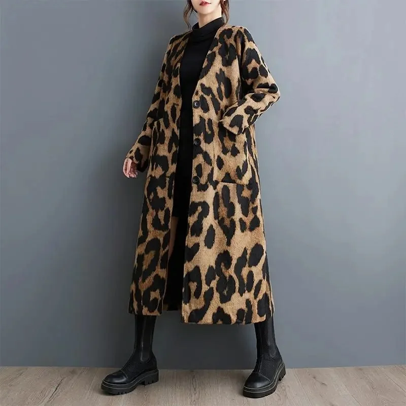 Retro Fashion Leopard Print Woolen Trench Coat Women's Clothing Autumn Spring Loose Medium Long Double-Layer Windbreaker w1434