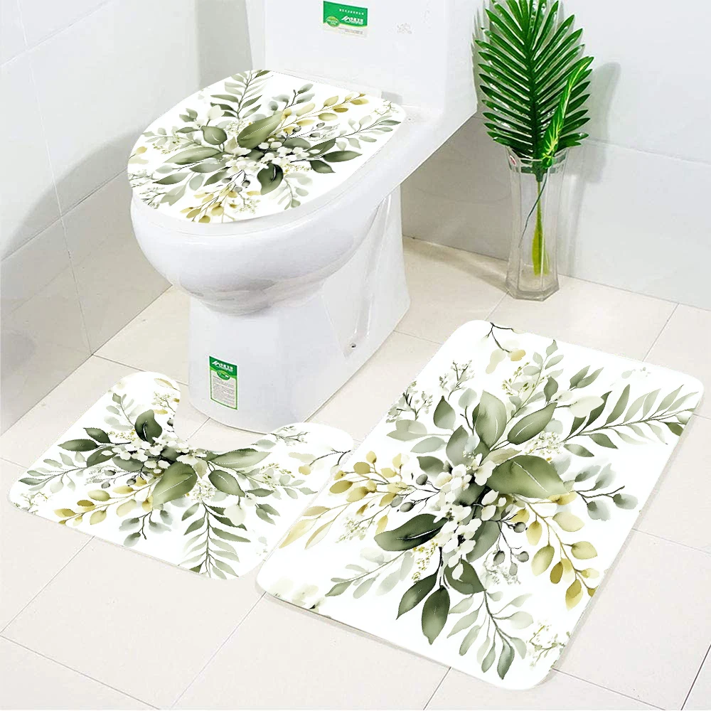 Green Leaves Bath Mat Set Palm Leaf Flowers Green Plants Home Carpet Flannel Bathroom Floor Rugs Toilet Lid Cover
