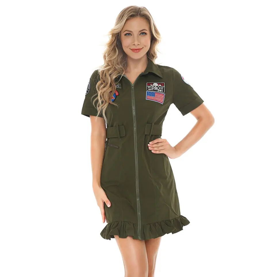 

Female American Airforce Pilot Costume Sexy Army Green Military Flight Pilot Uniform Adult Women Cosplay Halloween Fancy Dress