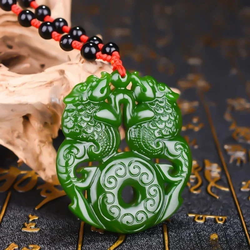 Natural Green Hand-carved Shuanglong Jade Pendant Jewelry Necklace Spinach Green Antique Pattern Shuanglong Jade Pendant