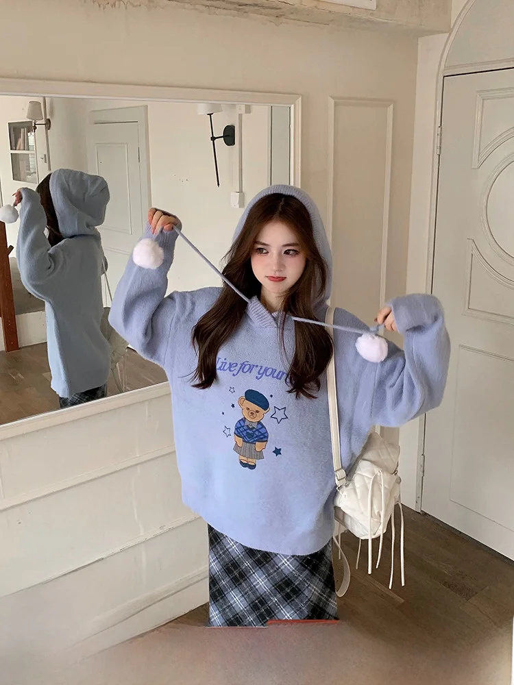 

Свободная женская толстовка с капюшоном Mis Blue Lazy Sle College Feel Вязаный топ из искусственного меха с шариком трапециевидной формы Sweet Sle