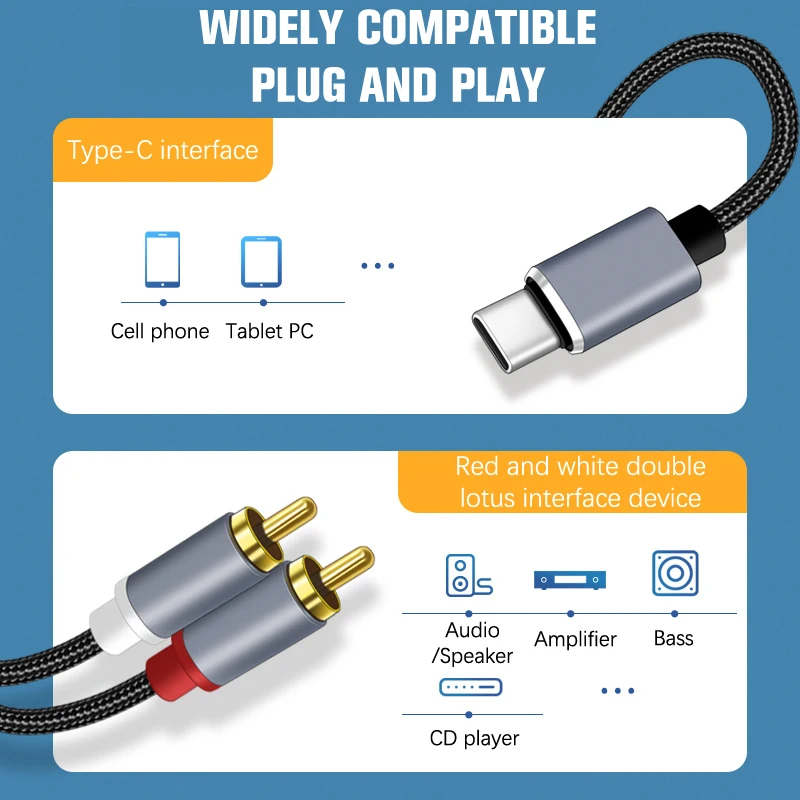 Cable de Audio tipo C a RCA, convertidor de Cable auxiliar 2 RCA, línea de Audio USB C para amplificador de altavoz de teléfono móvil, potencia de Audio