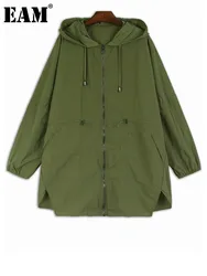 [EAM] Green Thin Drawstring Big Size Long Casual Jacket New Hooded Long Sleeve Women Coat Fashion Spring Autumn 2024 1DH7175