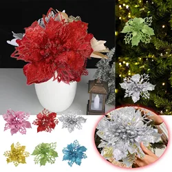 1Pc Christmas Decoration Glitter Artificial Flowers for Home Decor Xmas Tree Hanging Pendant Navidad New Year Ornaments Supplies