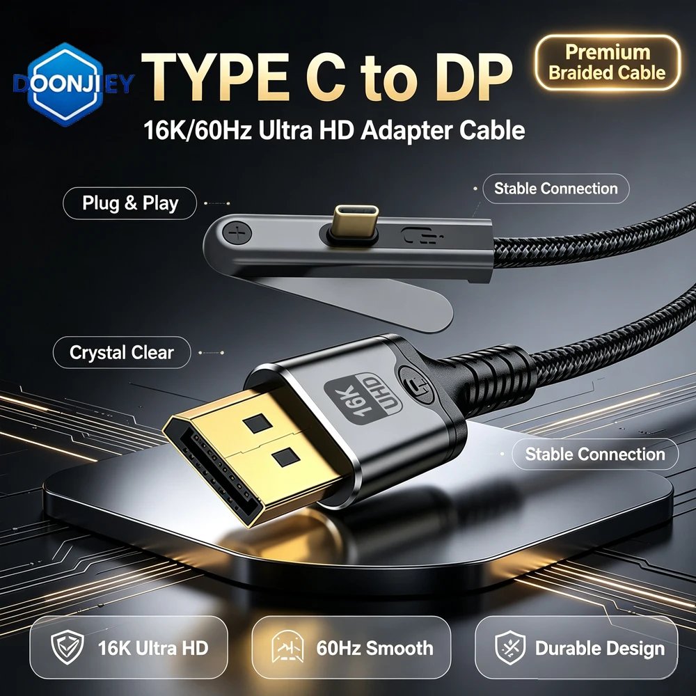 DOONJIEY Bracket Type-C to DP 2.1 USB C to 16K DisplayPort 2.1 Cable 16K@30Hz 8K@60Hz For Thunderbolt 4/3 54Gpbs MacBook