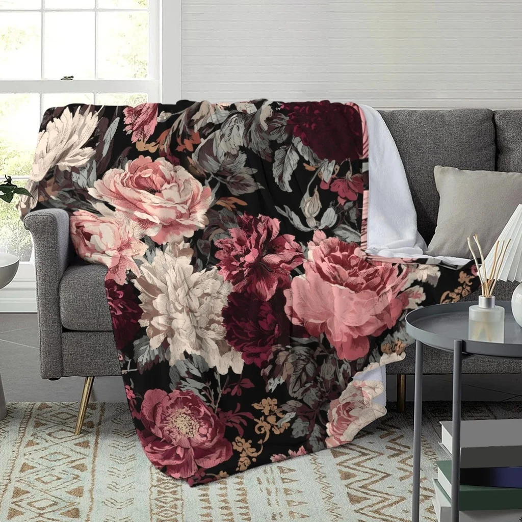 1pc Cozy Floral Pattern Design Flannel Throw Blanket, High Definition Digital Printing, All-Season Use, Casual Blanket, Skin-Fri