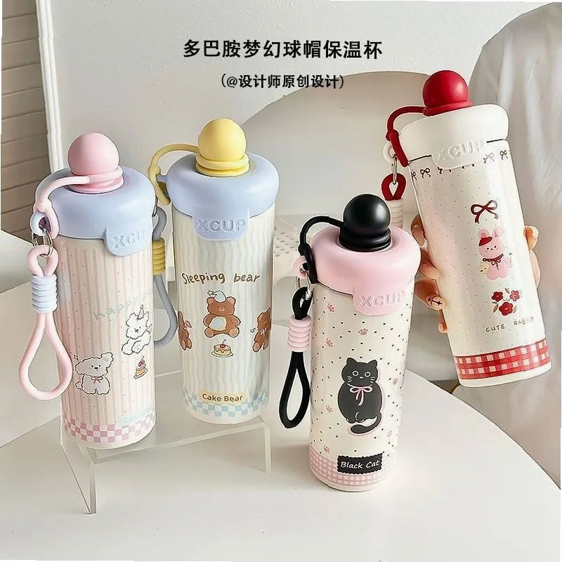 316 Stainless Steel Insulated Straw Tumbler with Floating Ball Lid, Leakproof Portable Travel Water Bottle with Rope for student
