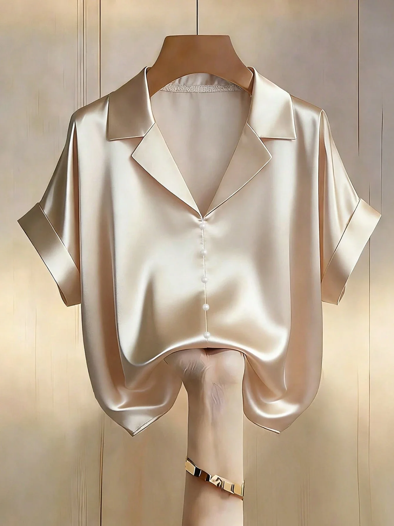 

Champagne Satin V-Neck Faux Pearl Button Short Sleeve Blouse For Women Summer Casual Elegant Top
