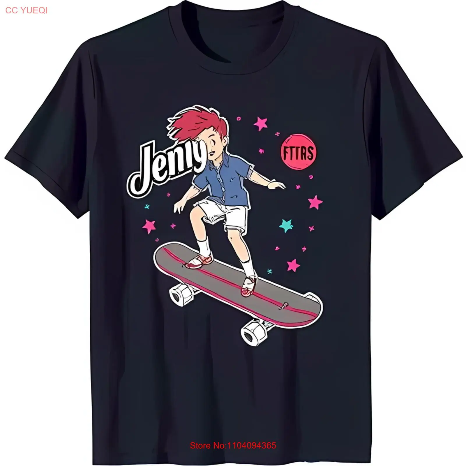 Stylish Black T-Shirt with Vibrant Graphic of Jenny on Skateboard Fun & Youthful