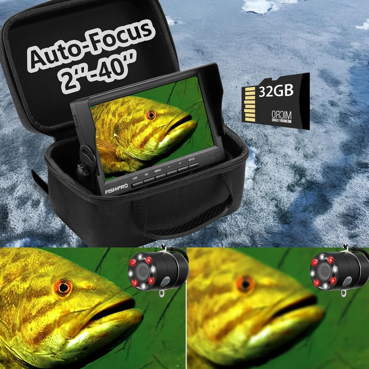 

Auto-Focus 2"-40" Underwater Fishing Camera w/ DVR 32GB, 1200TVL, IR+LED, 4500mAh, 65ft Cable, Ice Fishing