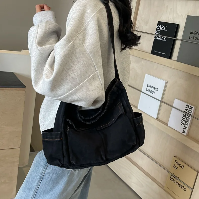 Canvas Messenger Bag Women's Popular New Large-capacity Shoulder Bag Casual Denim Japanese Literature and Art Student Class Bag