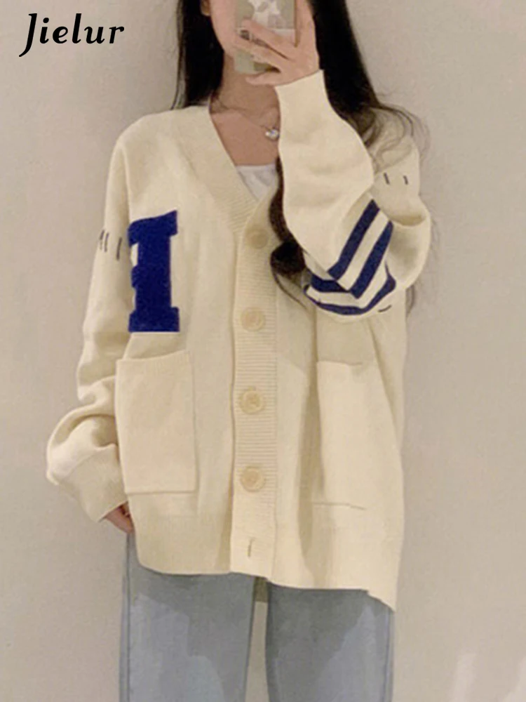 

Jielur Chicly Letter Print Loose Soft Knitting Women Cardigan Korean Style Simple Casual Fashion Single Breasted Female Cardigan