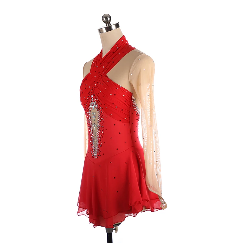 Nasinaya Figure Skating Competition Training Women\'s Rhythmic Gymnastics Dress Red Long Sleeve Shiny Rhinestone Mesh