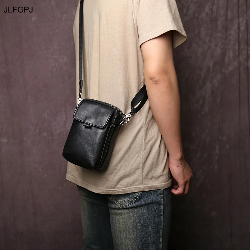 

Daily Commuting Simple Genuine Leather Mobile Phone Bag For Men's Fashion Top Layer Cowhide Vertical Zipper Crossbody Bag