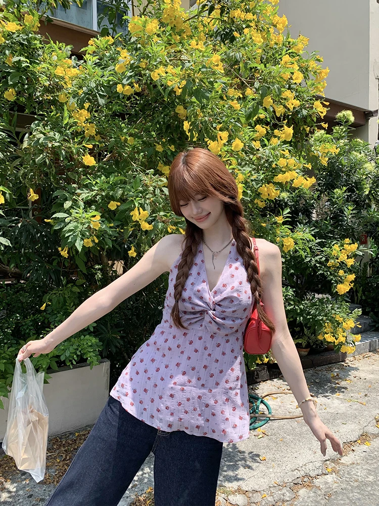 V-Neck Floral Print Tank Dress Women's Korean Style Spring Summer Hanging Neck Strapless Vest Skirt Big Ear 330 Purple Mist