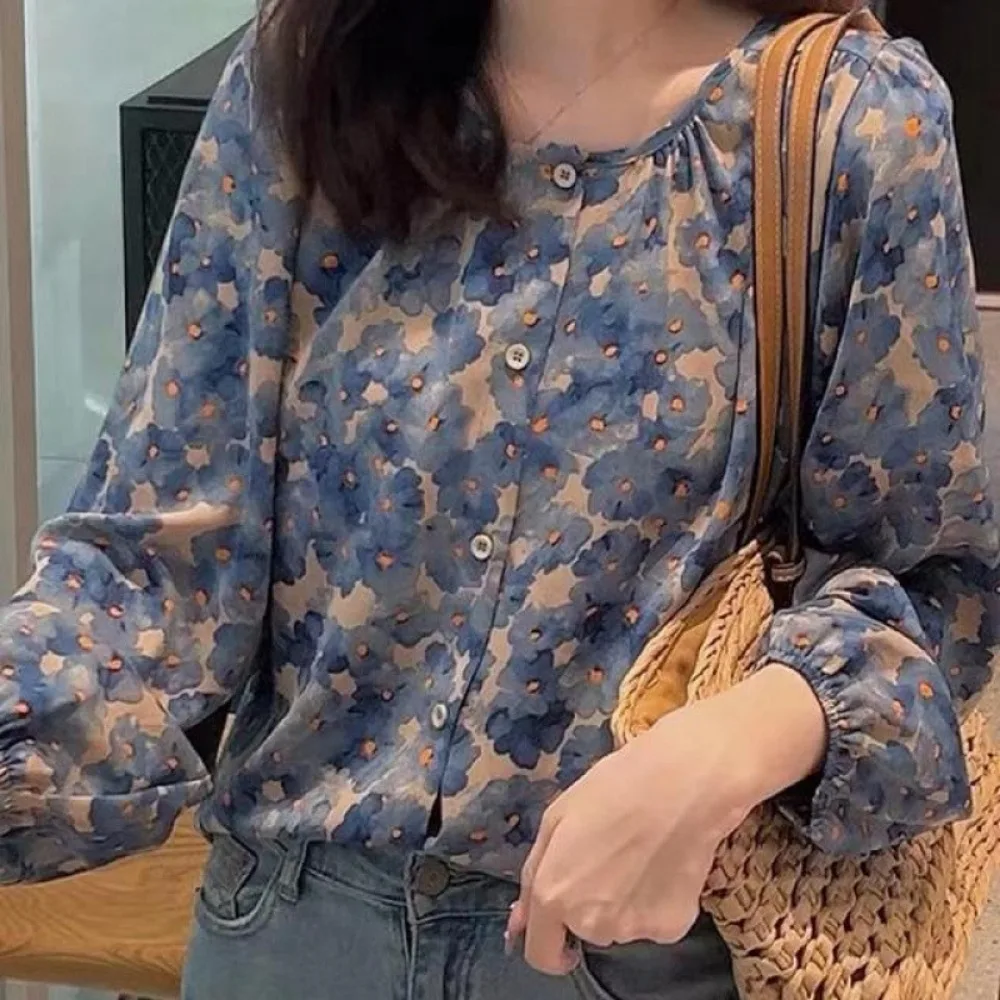 

Sweet Round Neck Sweet Flower Shirts Loose Long Sleeve Chiffon Floral Shirt Tops Breathable Thin Women's Chiffon Blouse Girl
