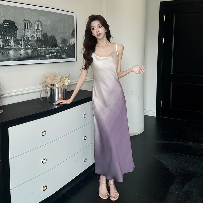 Robe printemps/automne dégradée tie-dye avec découpe au dos exquise et jupe longue élégante