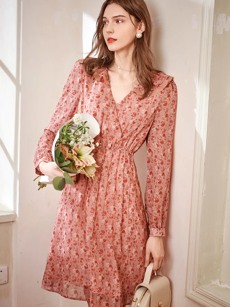 

OLrain Floral Chiffon Autumn Dress 2025 Woman French Elegant Ladies Long Sleeve Fitted Waist Printed Short Dresses O21CL38268