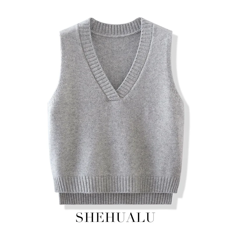 

Женский вязаный жилет из чистой шерсти с V-образным вырезом, свободного кроя, осенняя верхняя одежда средней длины, повседневный стиль, для работы и отдыха, модный, из шерстяной смеси