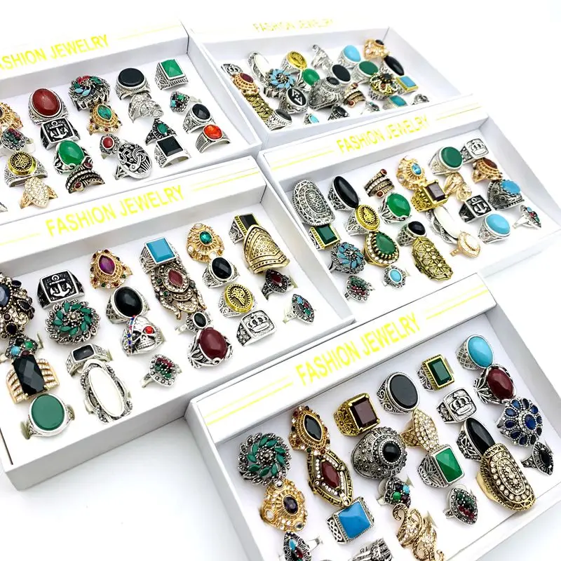 Wholesale 24pcs/Lot Women\'s Rings Vintage Jewelry Antique Silver Plated Rhinestone Ring with a Display Box mix styles Party Gift