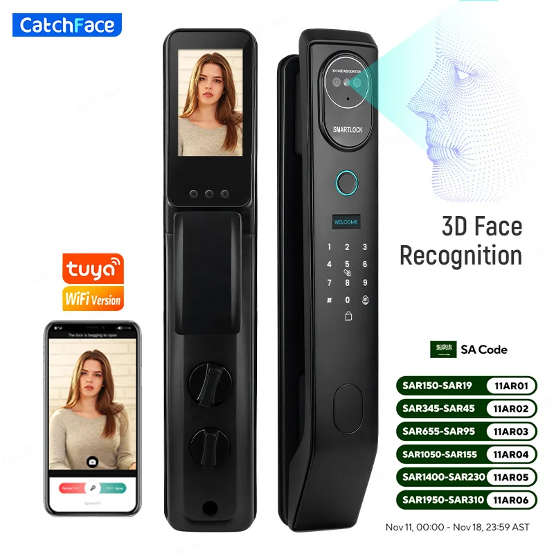 Saudi Facial Recognition Automatic Door Lock TUYA Front Door Fingerprint Smart Lock Digit Camera Visible Inner Screen