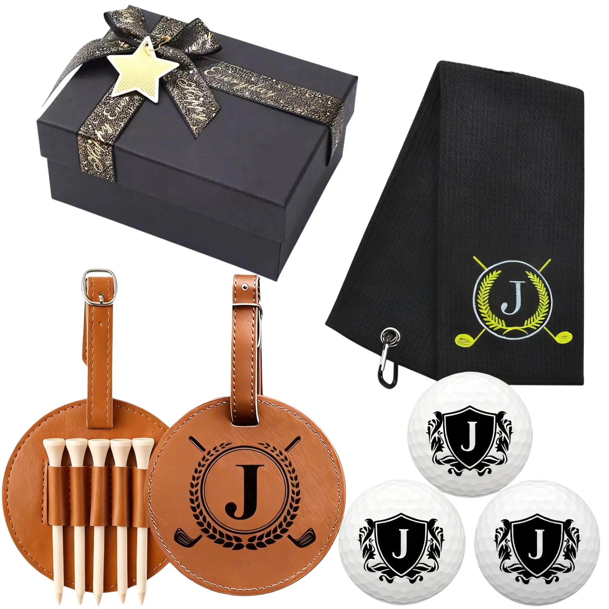 Personalized Golf Gift Set for Men & Dad - 3 Initial Golf Balls, Absorbent Towel & pu Leather Bag Tag with 5 Tees Birthday Box