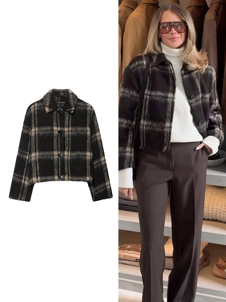 

TFMLN Autumn New Women Plaid Jacket Fashion Elegant Long Sleeve Button Up Short Woolen Coat Female Winter Casual Outerwear