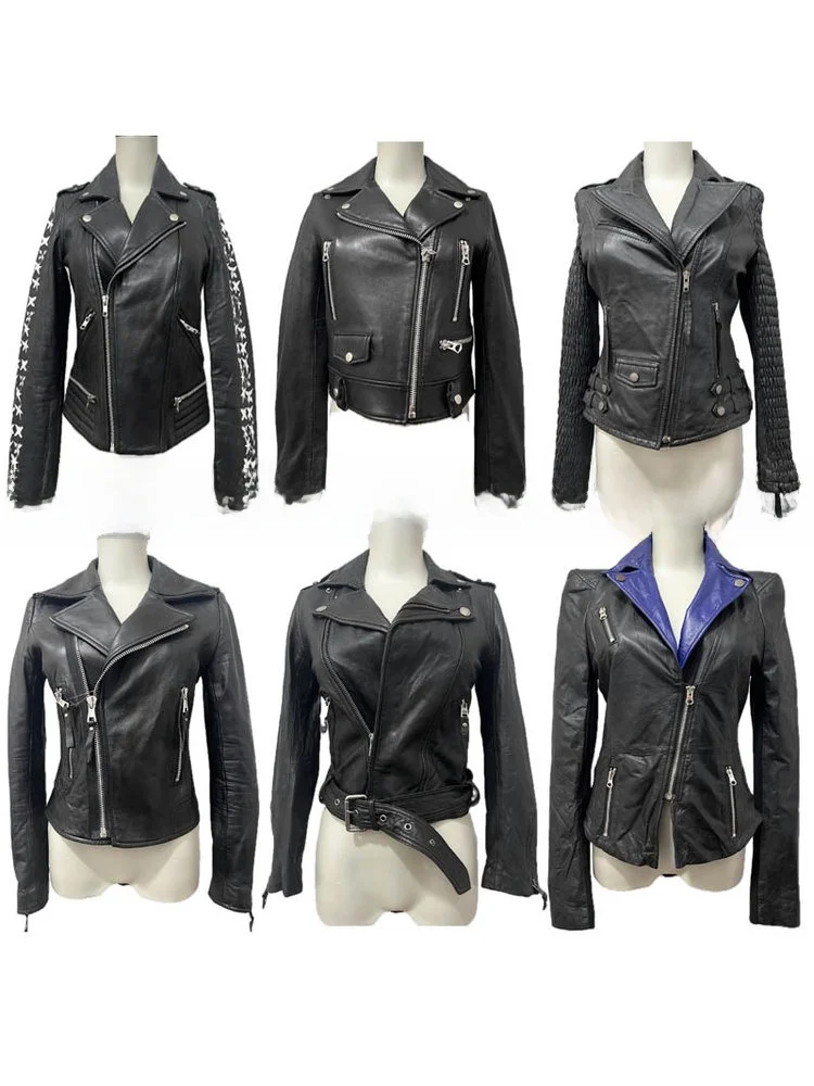 เสื้อโค้ทหนังแท้สไตล์วินเทจสำหรับผู้หญิง ทรงสลิมฟิต ซิปยาว เหมาะสำหรับขี่มอเตอร์ไซค์หรือใส่ทำงาน