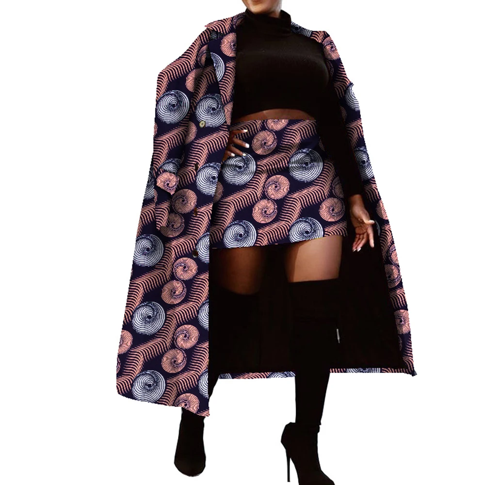 2 Pieces Set African Clothes for Women African Print Tops and Skirts Women Traditional African Long Trench Coat Skirt Set WY001