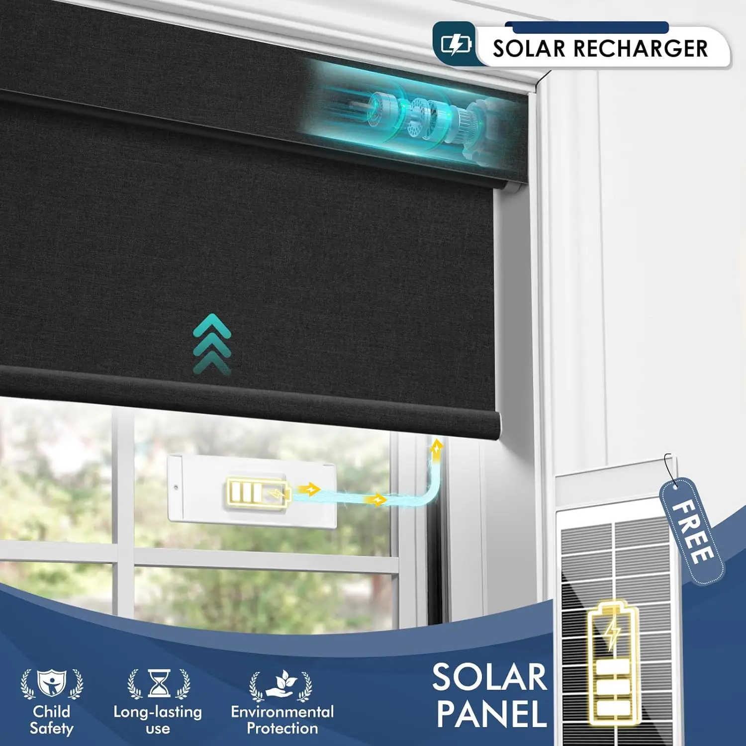 Intelligent Control New Type Of Solar Powered 100% Shading A Grade Fabric Motorized Roller Blinds For Windows