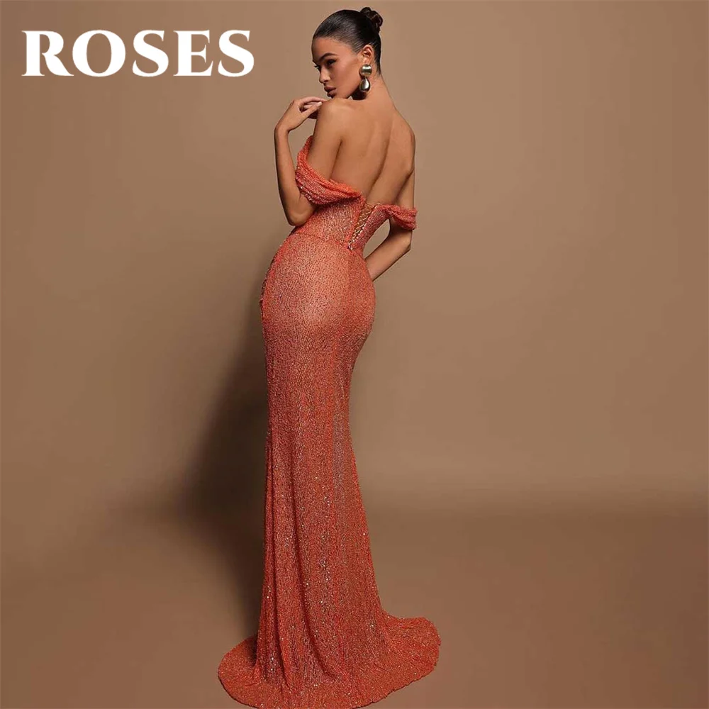 ROSES Orange Evening Dress Strapless Off The Shoulder Mermaid Party Dress Vestido De Novia Sexy Side High Split Pleat Prom Dress