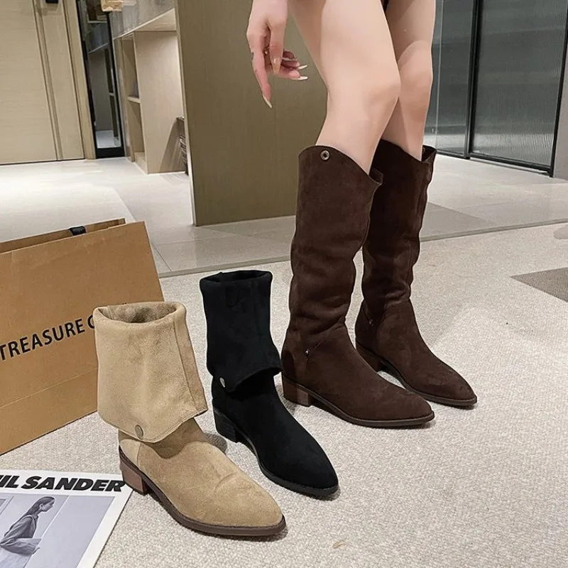 

Winter Street Style Pointed Toe Knee-High Boots Women Low Heels Shoes Female Long Booties Zapatos De Mujer Plus Size 41 42 New