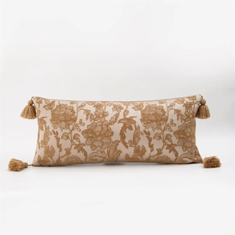 1pc Luxury Cushion Cover 45x45 30x70cm Elegant Floral Pattern Pillowcase Tassel Design Throw Pillow Cover Beige Brown Room Decor