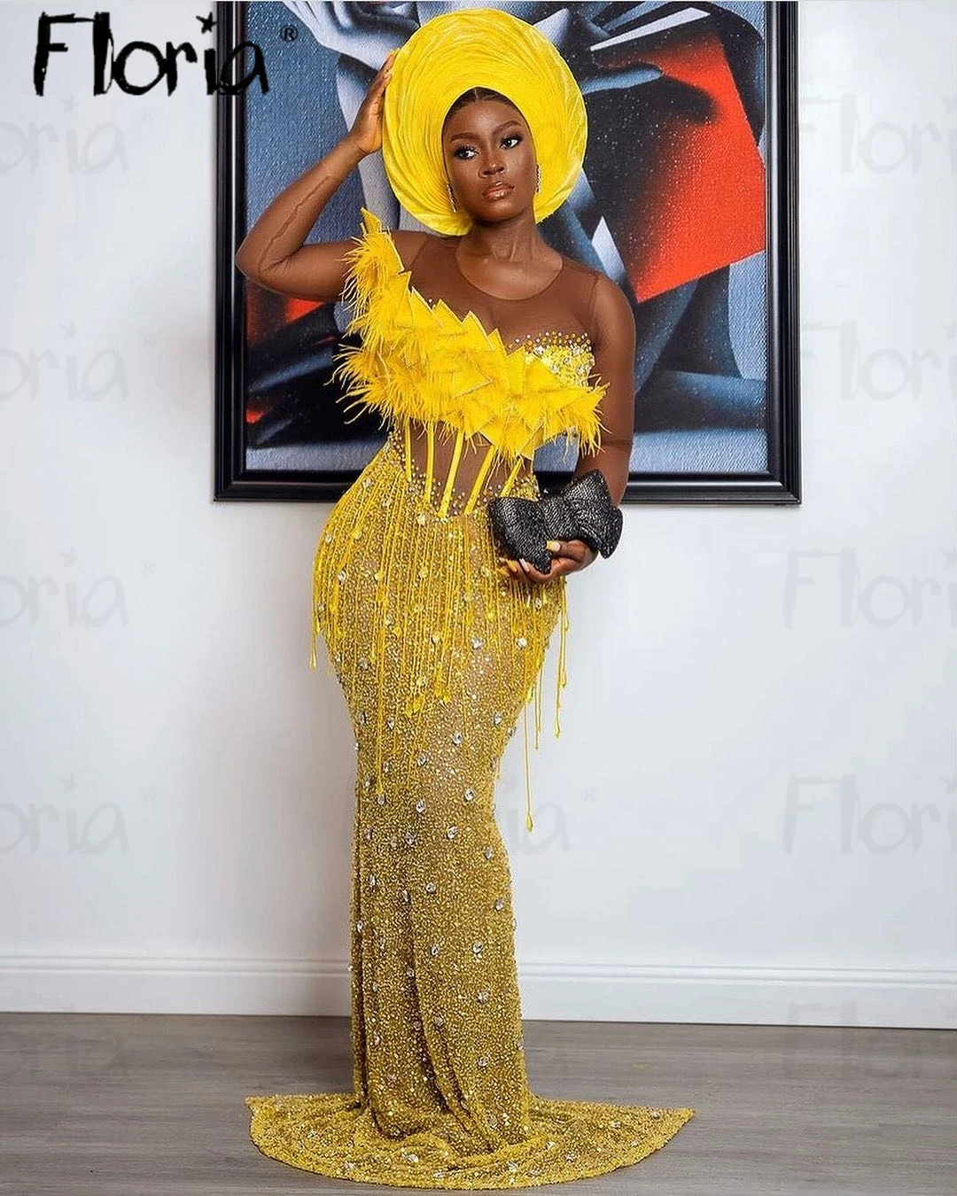 Floria African Women Luxury Gold Party Dress With Sequins Feather Long Mermaid Wedding Prom Night Gowns Yellow Tassels Dress