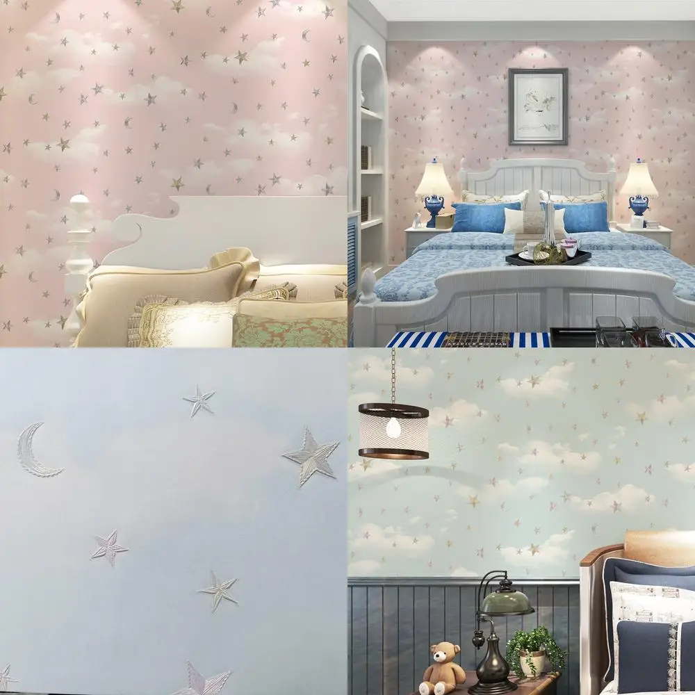 

Light Pink 3D Kids Wallpaper with Blue Sky White Clouds and Little Stars Cozy Simple Cartoon Wall Mural for Bedroom Living Room
