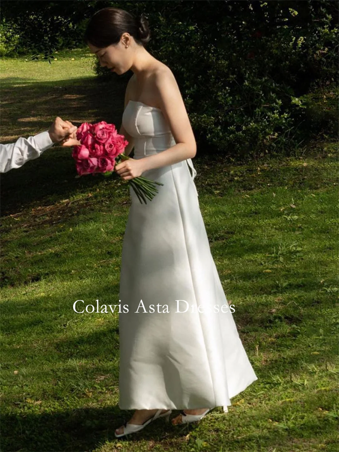 Colavis-vestido de novia de satén sin tirantes, traje de boda largo hasta el tobillo, con cordones, estilo coreano, para sesión de fotos