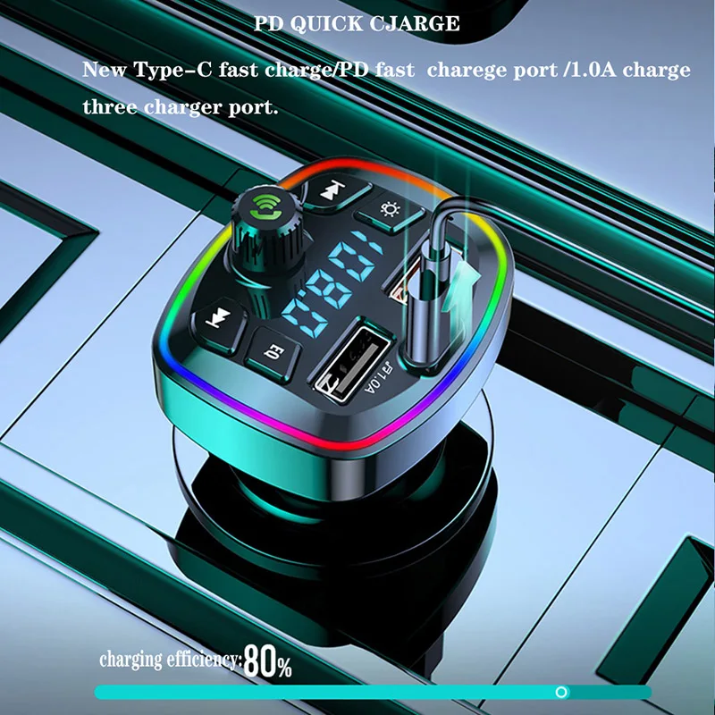 Bluetooth 5.0 Car FM Transmitter PD Type-C Dual USB For MP3 Fast Charger Type-C Wireless Light 18W Handsfree PD QC3.0