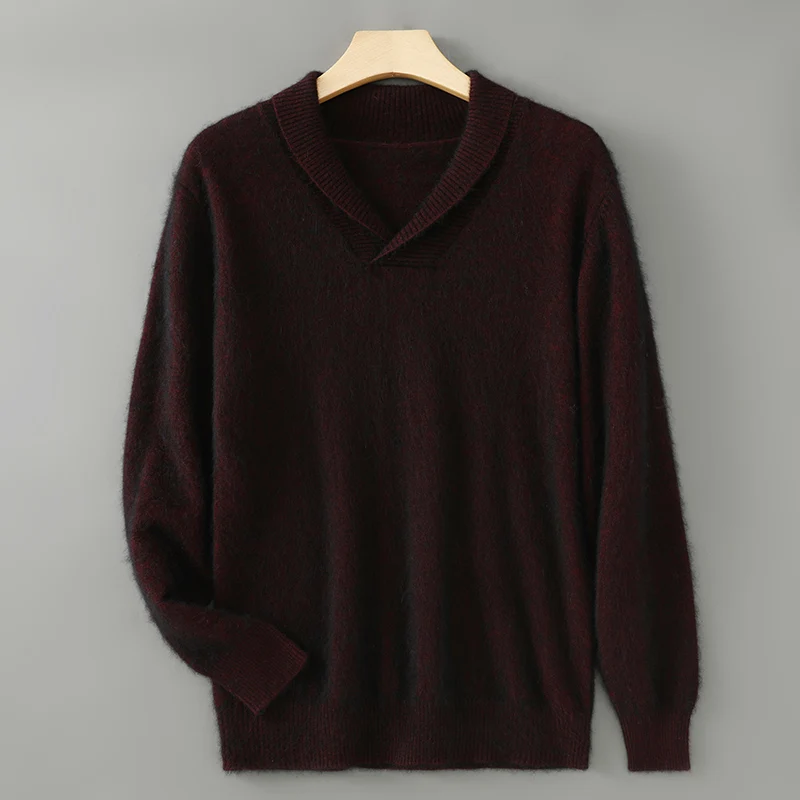 Men's Casual V-Neck Long Sleeve 100% Mink Cashmere Sweater Men Autumn Winter New Fashion Green Fruit Collar Knit Pullover Top