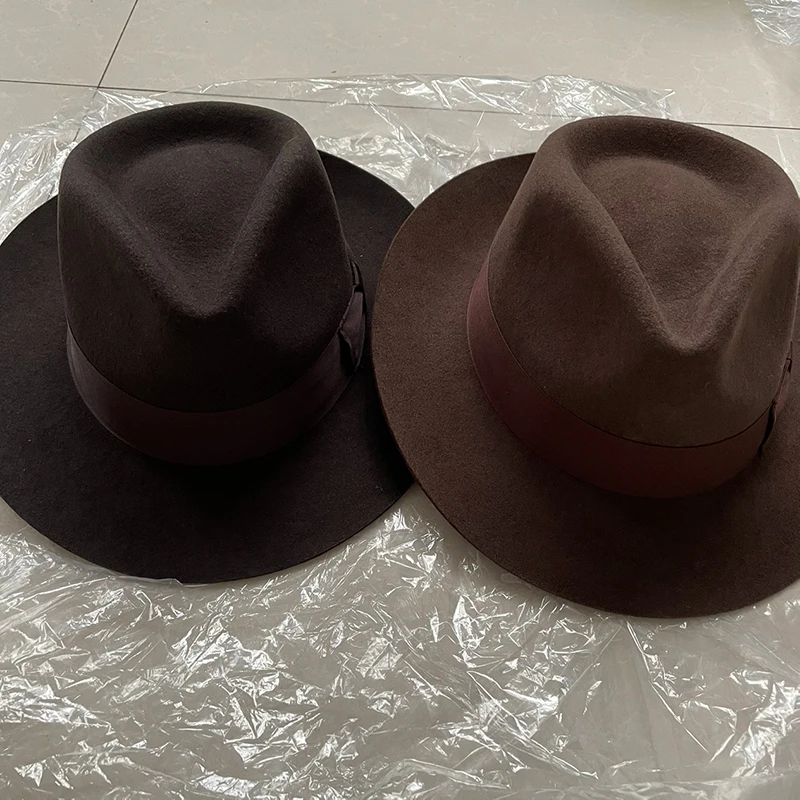 Nuovo cappello britannico in feltro di lana 100% da uomo Fedora di grandi dimensioni con bordo grezzo e cappello da gangster foderato in raso di