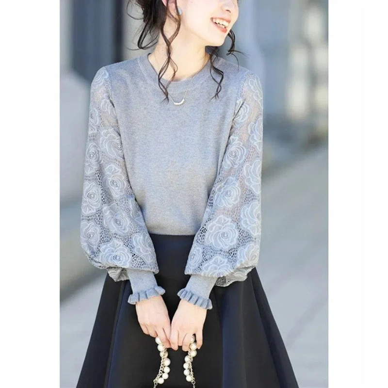 Temperament Lace Patchwork Pullovers Top Autumn Winter New Long Sleeve Solid Color Elegant Sweaters Fashion Korean Women Clothes