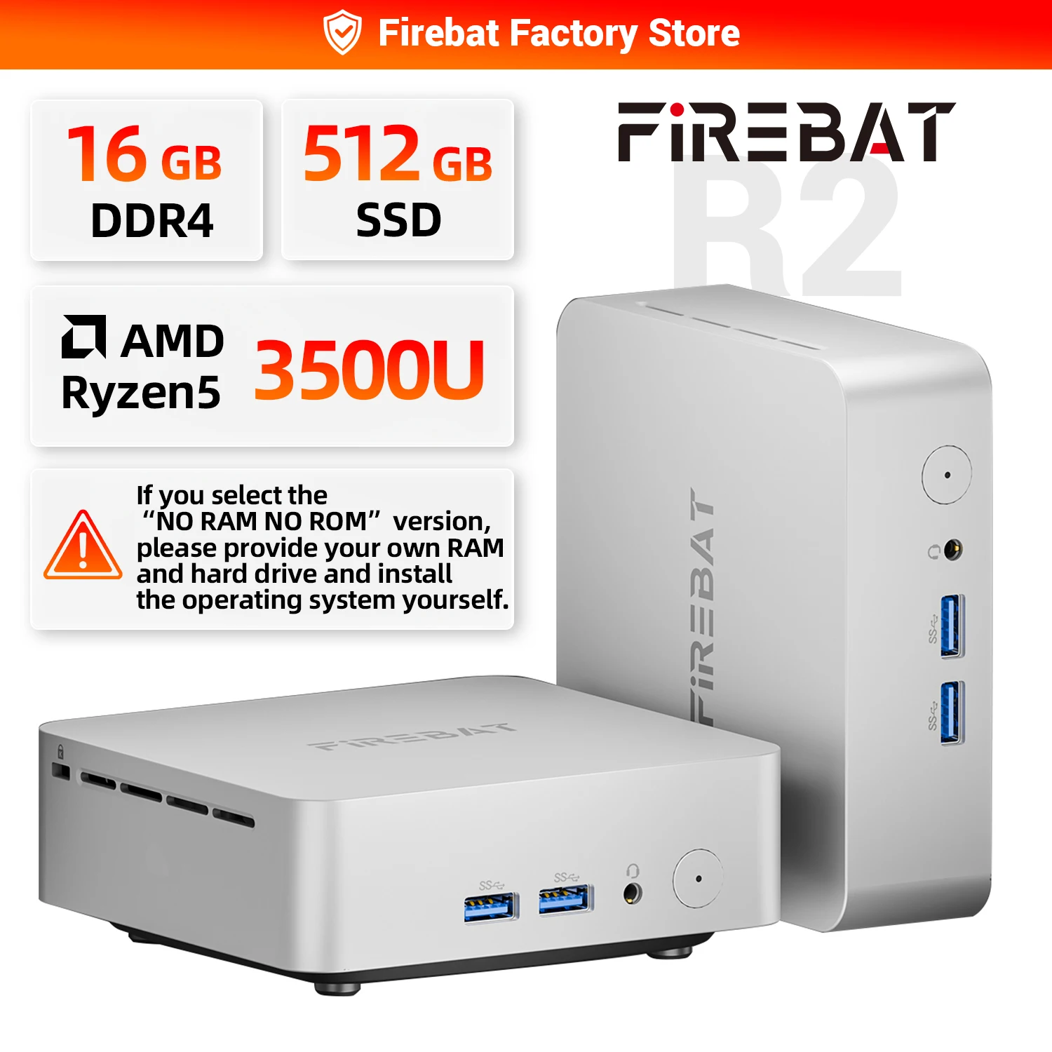 FIREBAT R2 Mini PC AMD Ryzen 5 3500U (Beats N150/N97)  16GB RAM 512GB SSD Desktop Mini Computers WIFI5 BT5.2 Dual 4k Display