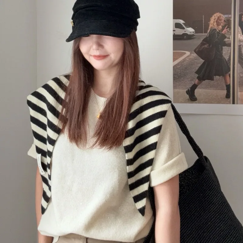 

Autumn and winter striped 100% wool Korean-style shawl women's scarf neck warmer knitted fashion faux collar small shoulder wrap