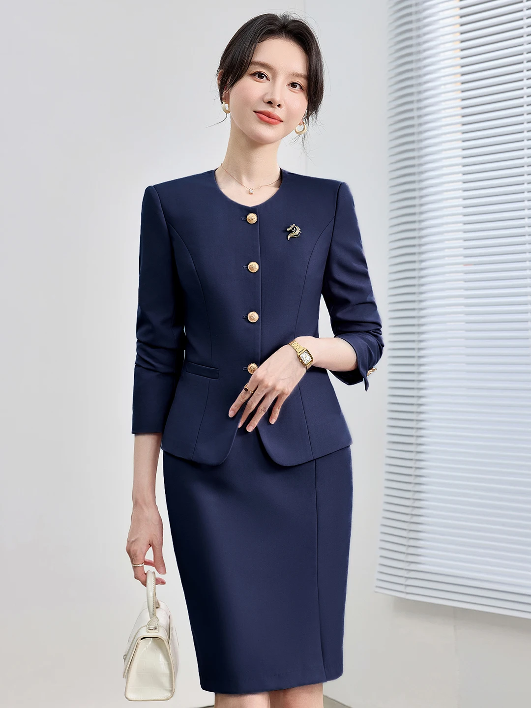 Elegant round Neck Single Button Women's Suit Jacket Professional Career Casual Commute Interview Business Fashion Style