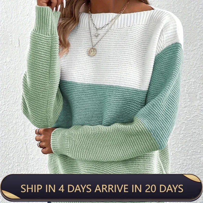 2024 New Fashionable Color-blocking Knitted Sweater Women's Round Neck Long Sleeve Pullover Top