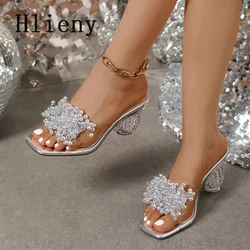 Hlieny Silver Crystal Ball Low Heel PVC Transparent Clear Slippers Women Peep Toe Summer Sandals Fashion Design Slides Shoes