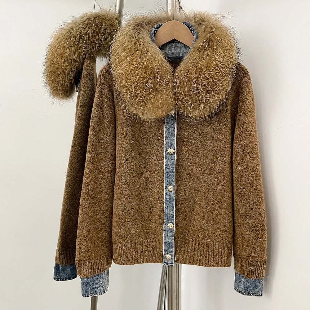 

Женский кардиган с большим воротником из натурального меха, вязаная кофта с джинсовой отделкой, теплая верхняя одежда, свитер и джемпер, осенний теплый топ