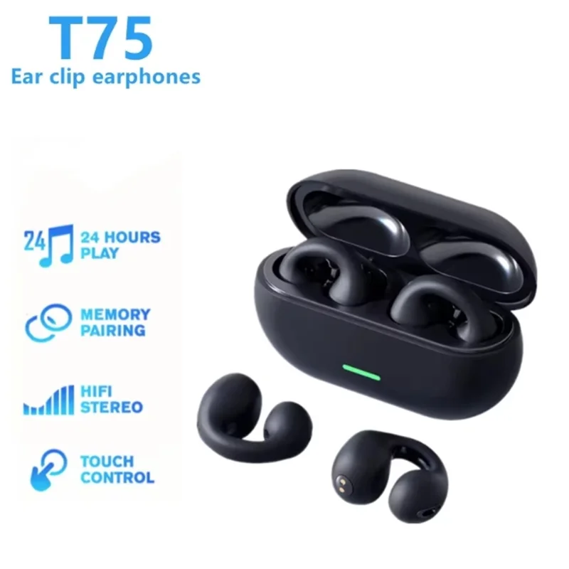 T75 Fone Bluetooth Headset Wireless Bone Conduction Headphones Clip Ear Music Noise Canceling HD Call Sports Gaming Earphone