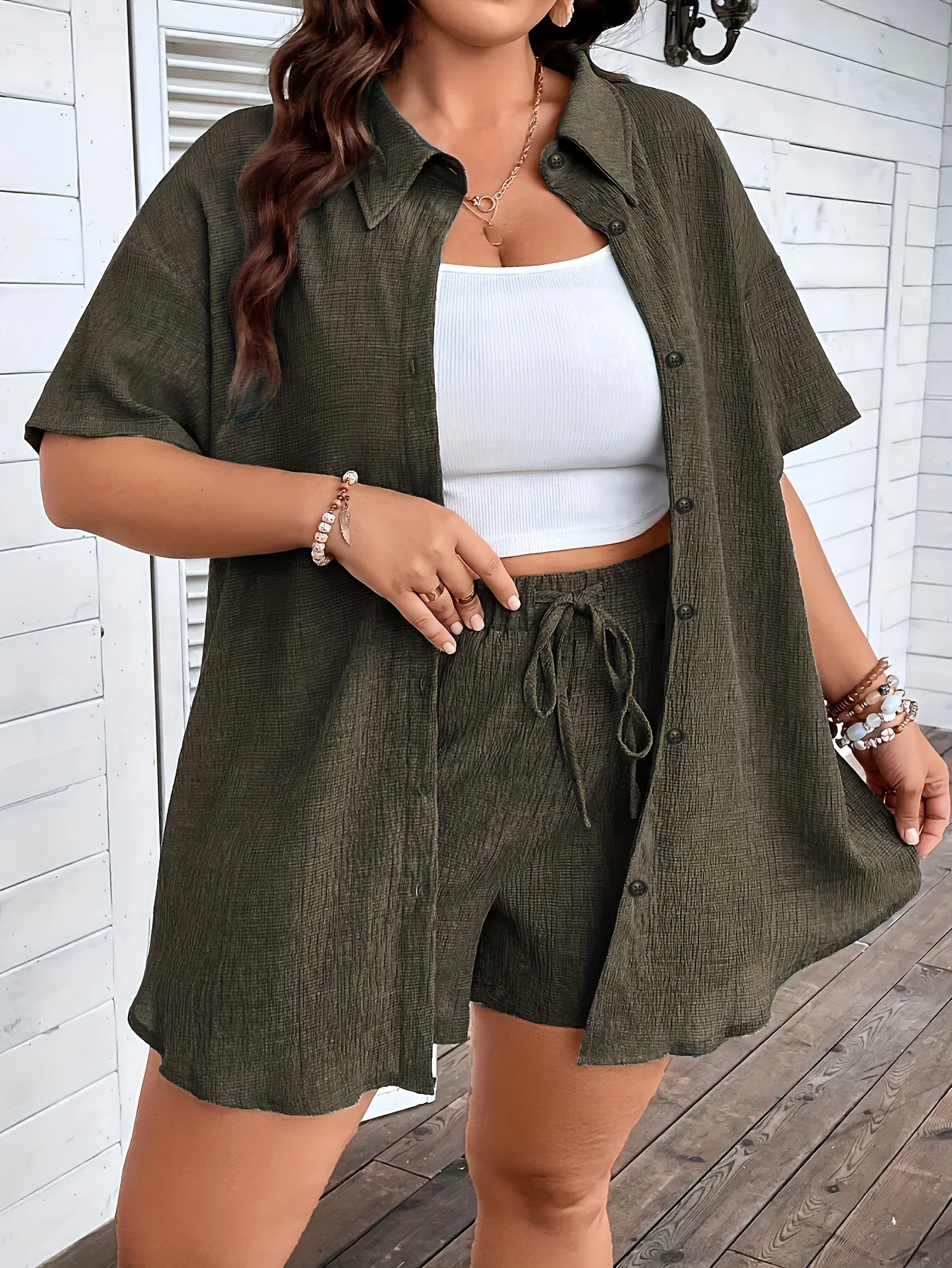 Plus Size Solid Two-piece Set, Casual Button Up Collared Shirt & Drawstring Shorts Outfits, Women\'s Plus Size Clothing