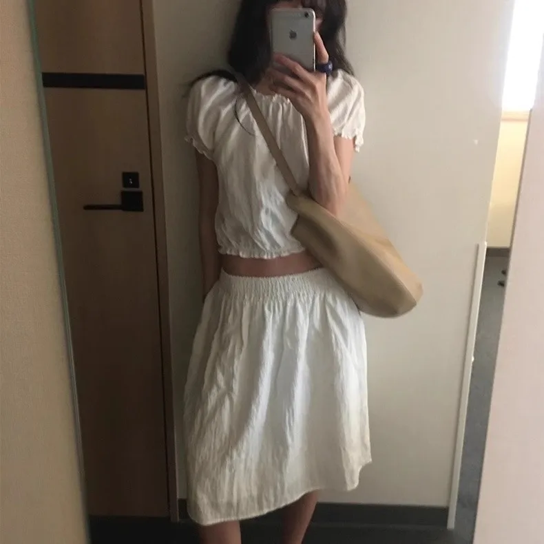 2025년 여름 베이비 오트 스웨트 및 A라인 스커트 세트, 우드 라인 러플 밴딩 허리, 한국 스타일 여성용 패션 세트